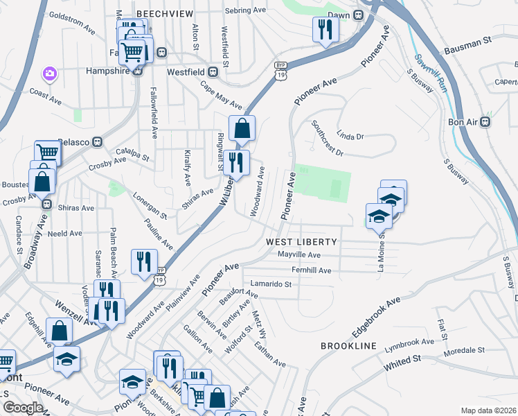 map of restaurants, bars, coffee shops, grocery stores, and more near 1922 Woodward Avenue in Pittsburgh