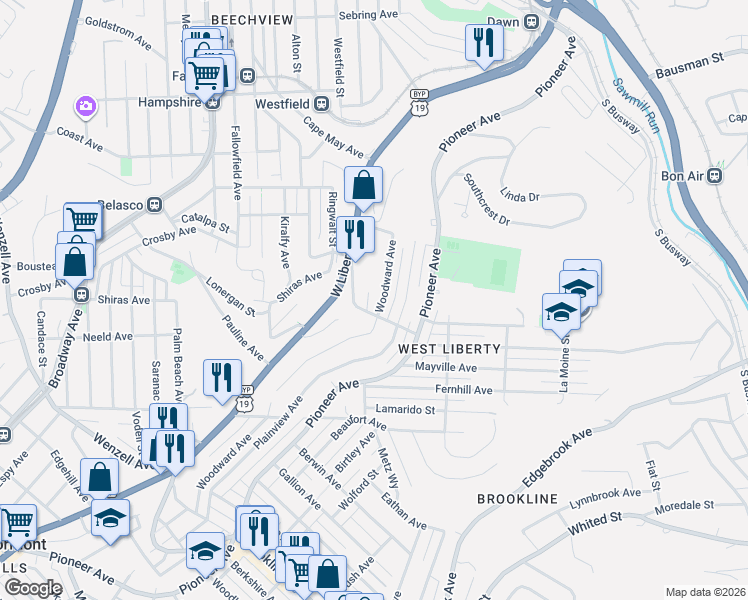 map of restaurants, bars, coffee shops, grocery stores, and more near 1922 Woodward Avenue in Pittsburgh