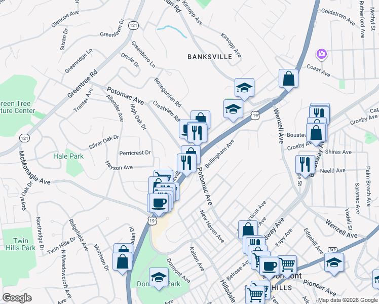 map of restaurants, bars, coffee shops, grocery stores, and more near 2222 Potomac Avenue in Pittsburgh