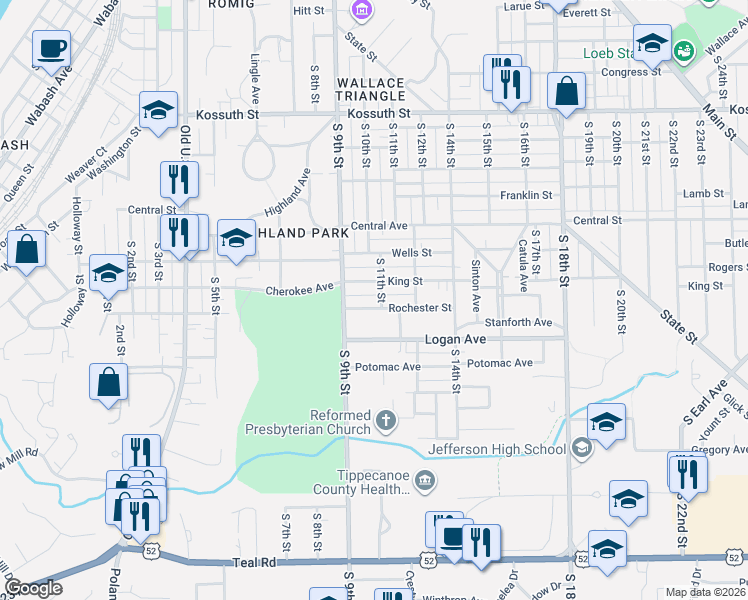 map of restaurants, bars, coffee shops, grocery stores, and more near 1315 South 11th Street in Lafayette