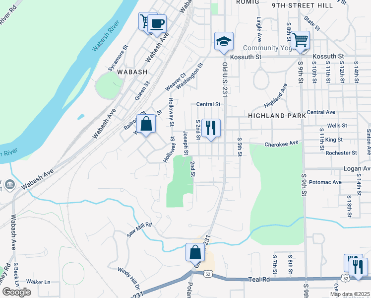 map of restaurants, bars, coffee shops, grocery stores, and more near 1308 Joseph Street in Lafayette