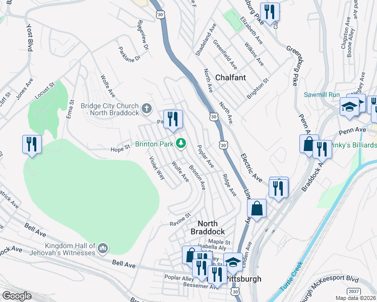 map of restaurants, bars, coffee shops, grocery stores, and more near 1438 Grandview Avenue in Braddock