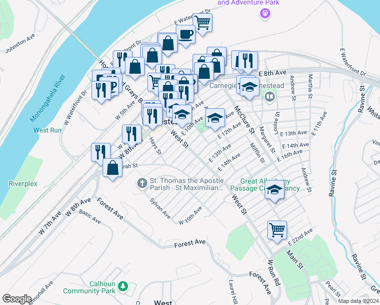 map of restaurants, bars, coffee shops, grocery stores, and more near 1108 West Street in Homestead