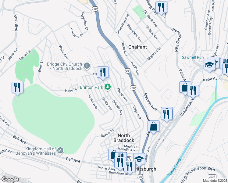 map of restaurants, bars, coffee shops, grocery stores, and more near 1438 Grandview Avenue in Braddock
