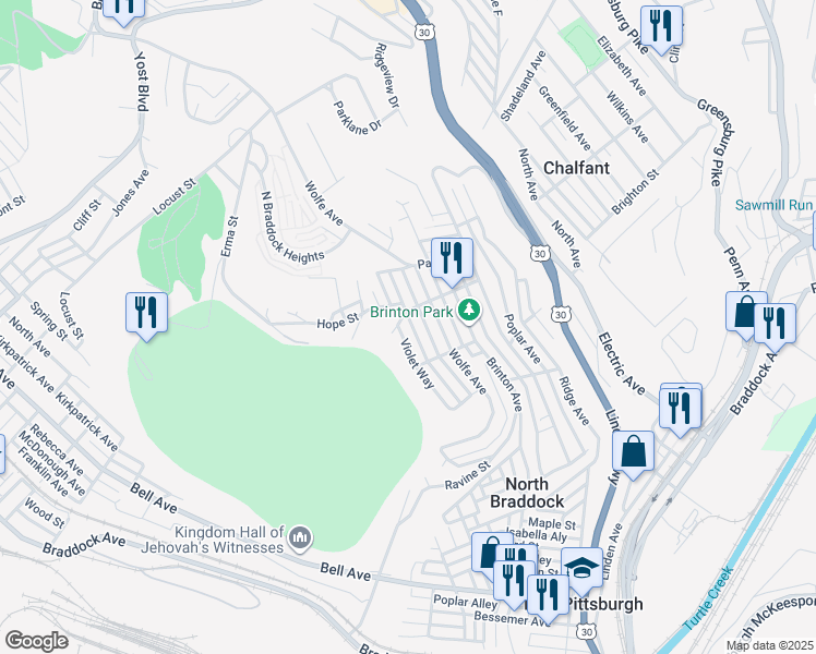 map of restaurants, bars, coffee shops, grocery stores, and more near 1410 Grant Street in Braddock