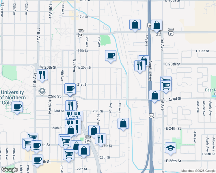 map of restaurants, bars, coffee shops, grocery stores, and more near 512 21st Street in Greeley