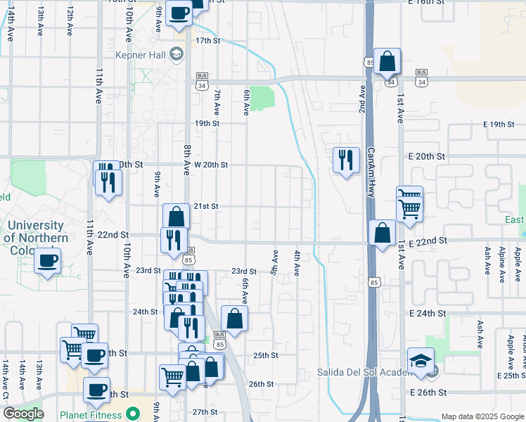 map of restaurants, bars, coffee shops, grocery stores, and more near 512 21st Street in Greeley