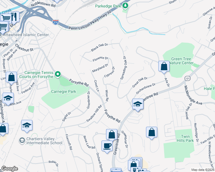 map of restaurants, bars, coffee shops, grocery stores, and more near 233 Shady Knoll Drive in Pittsburgh