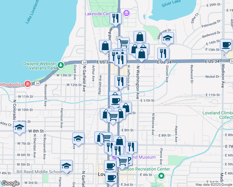 map of restaurants, bars, coffee shops, grocery stores, and more near 1109 North Lincoln Avenue in Loveland