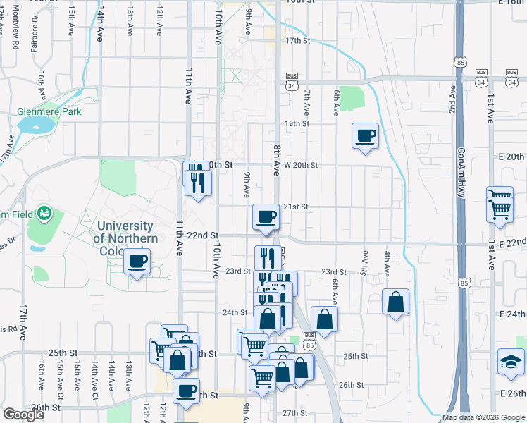 map of restaurants, bars, coffee shops, grocery stores, and more near 814 21st Street in Greeley