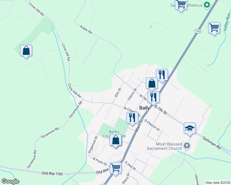 map of restaurants, bars, coffee shops, grocery stores, and more near 637 Elm Street in Bally