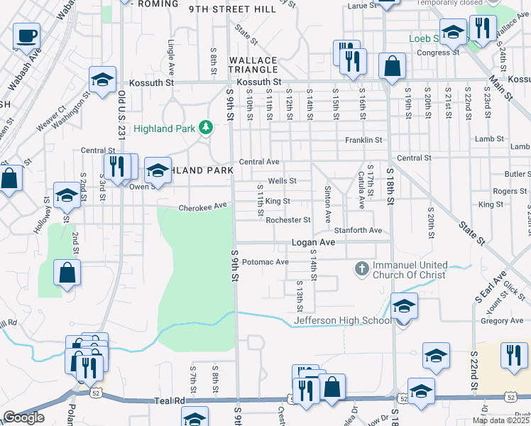 map of restaurants, bars, coffee shops, grocery stores, and more near 1315 South 11th Street in Lafayette