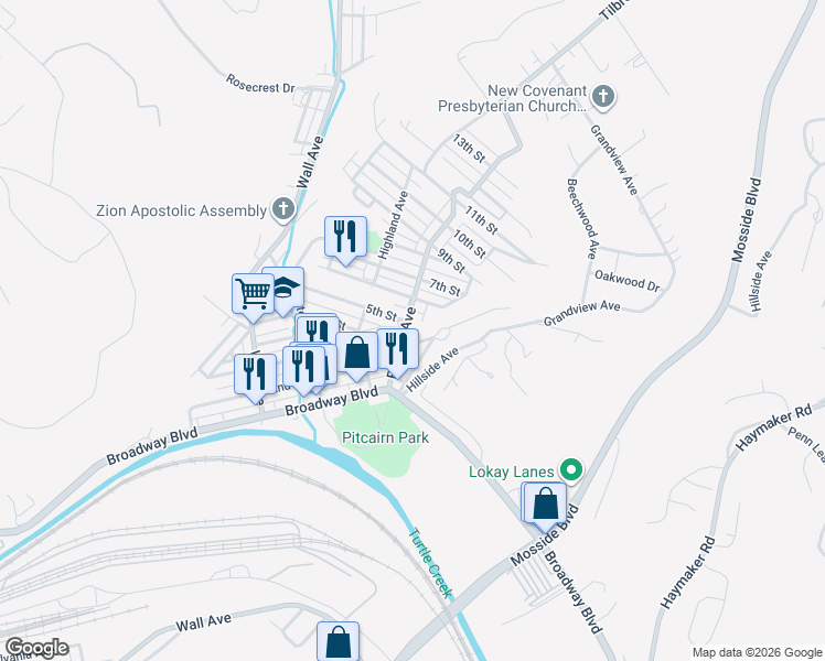 map of restaurants, bars, coffee shops, grocery stores, and more near 403 Brinton Avenue in Pitcairn