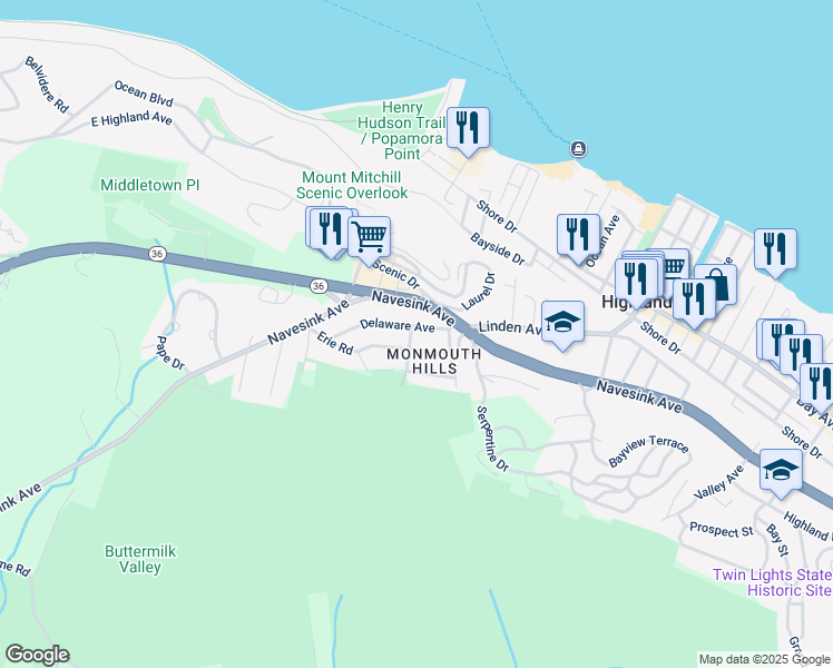 map of restaurants, bars, coffee shops, grocery stores, and more near 4 Huron Avenue in Atlantic Highlands