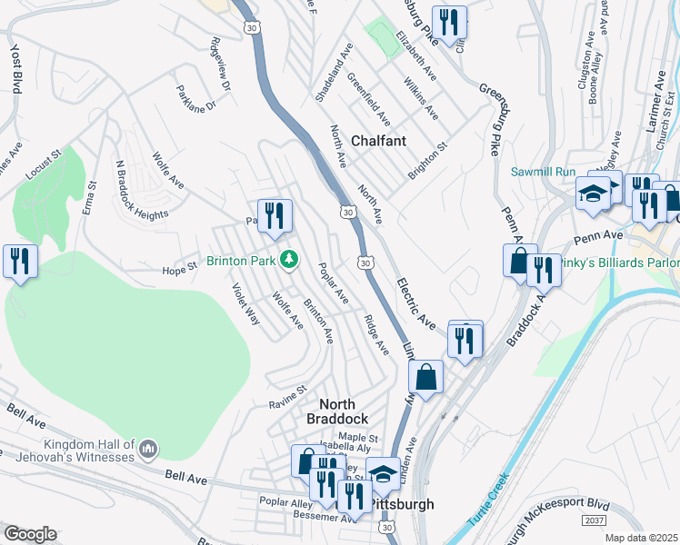 map of restaurants, bars, coffee shops, grocery stores, and more near 1505 Ridge Avenue in Braddock