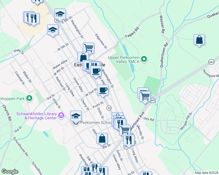 map of restaurants, bars, coffee shops, grocery stores, and more near 136 Washington Street in East Greenville