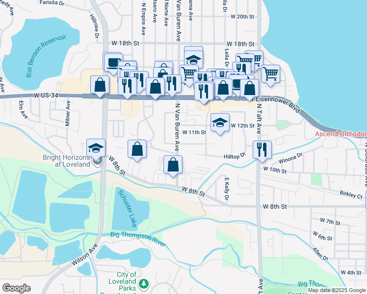 map of restaurants, bars, coffee shops, grocery stores, and more near 1816 West 10th Street in Loveland