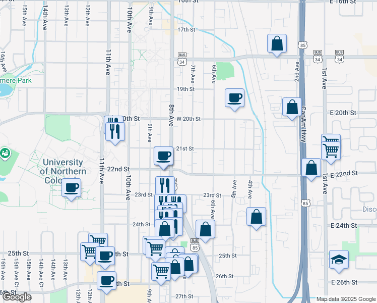 map of restaurants, bars, coffee shops, grocery stores, and more near 2101 7th Avenue in Greeley