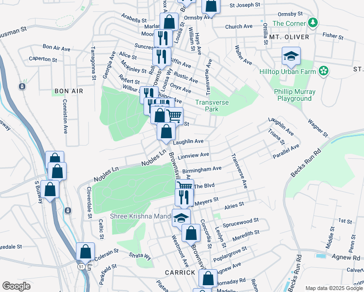 map of restaurants, bars, coffee shops, grocery stores, and more near 102 Laughlin Avenue in Pittsburgh