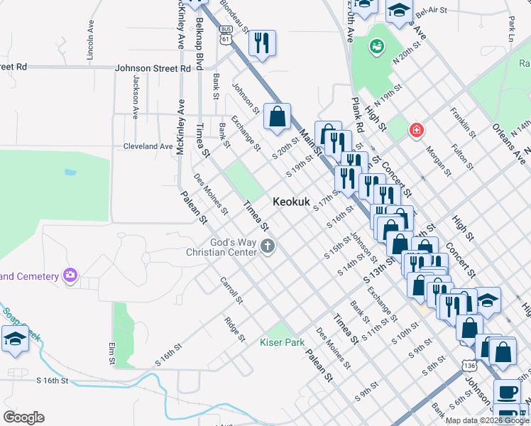 map of restaurants, bars, coffee shops, grocery stores, and more near 318 S 18th St in Keokuk