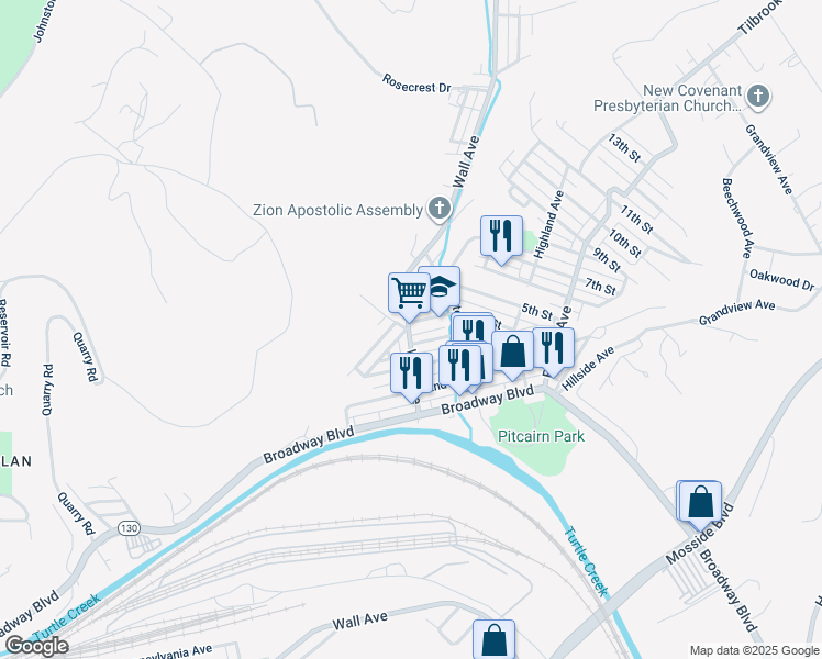 map of restaurants, bars, coffee shops, grocery stores, and more near 417 Wall Avenue in Pitcairn
