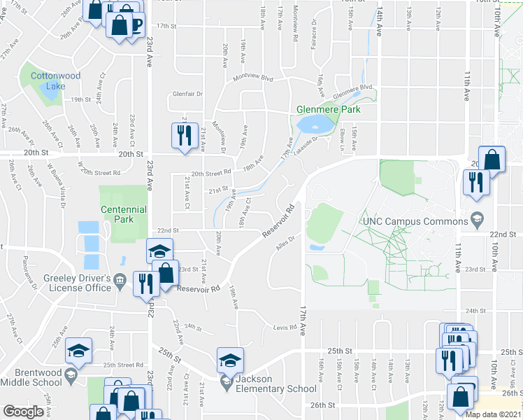 map of restaurants, bars, coffee shops, grocery stores, and more near 1817 21st Street Road in Greeley