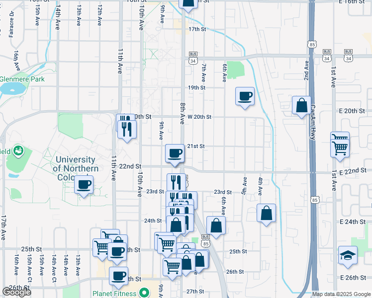 map of restaurants, bars, coffee shops, grocery stores, and more near 2102 8th Avenue in Greeley
