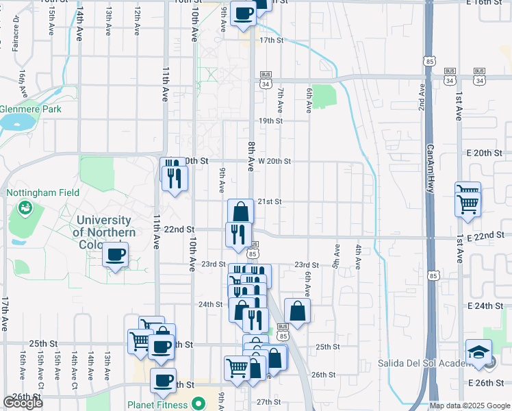 map of restaurants, bars, coffee shops, grocery stores, and more near 2102 U.S. 85 Business in Greeley