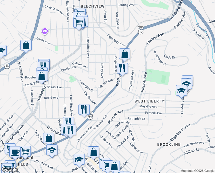 map of restaurants, bars, coffee shops, grocery stores, and more near 1998 Texdale Street in Pittsburgh
