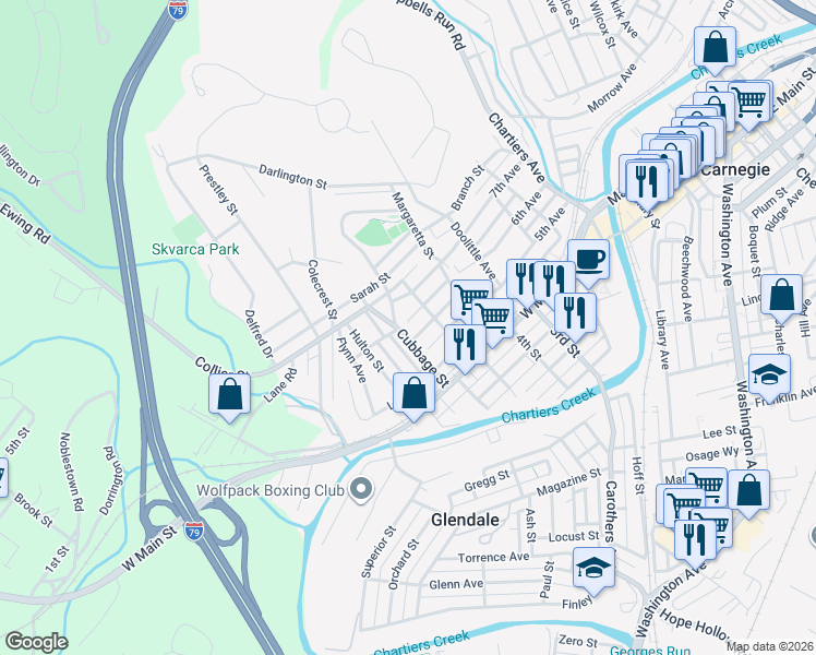 map of restaurants, bars, coffee shops, grocery stores, and more near 603 Boyd Street in Carnegie