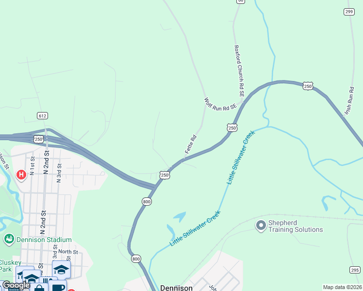 map of restaurants, bars, coffee shops, grocery stores, and more near 4848 Wolf Run Road Southeast in Dennison