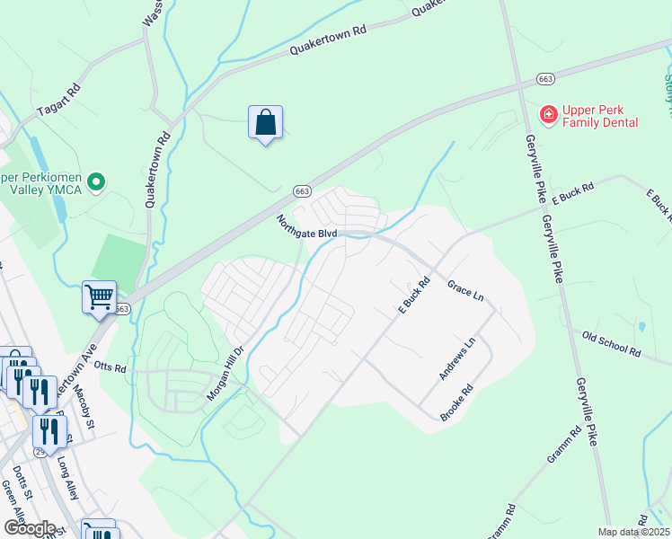 map of restaurants, bars, coffee shops, grocery stores, and more near 2220 Sunnyvale Drive in Pennsburg