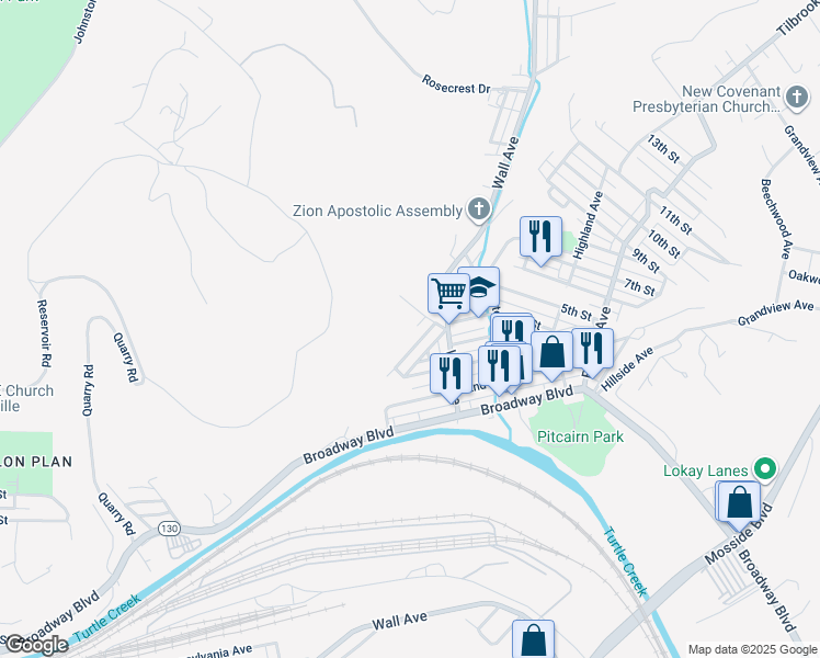 map of restaurants, bars, coffee shops, grocery stores, and more near 528 Wood St in Pitcairn