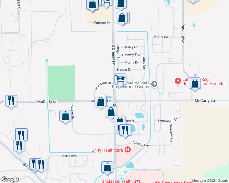 map of restaurants, bars, coffee shops, grocery stores, and more near 985 South Creasy Lane in Lafayette