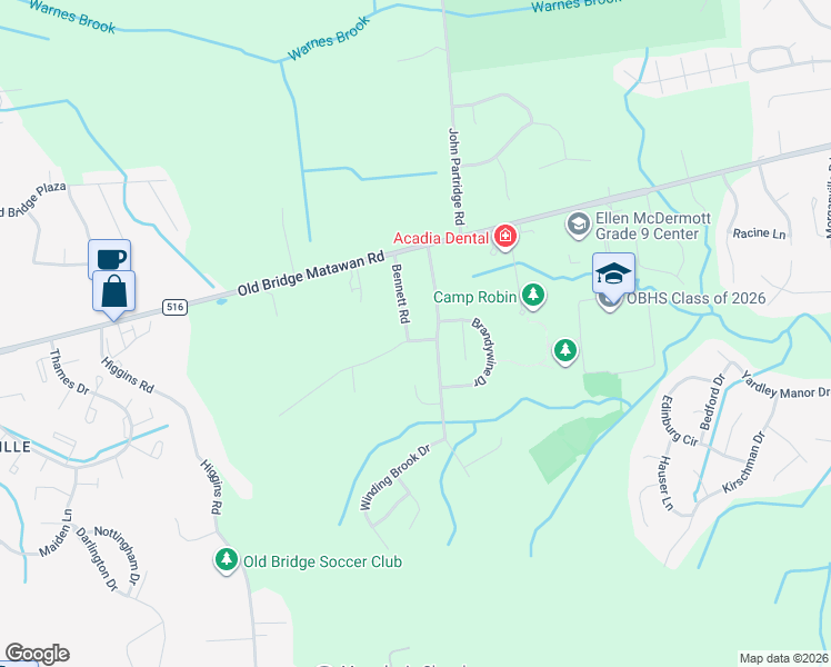 map of restaurants, bars, coffee shops, grocery stores, and more near 33 Bennett Road in Matawan