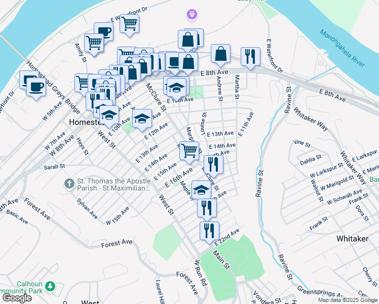 map of restaurants, bars, coffee shops, grocery stores, and more near 1420 McClure St in Homestead
