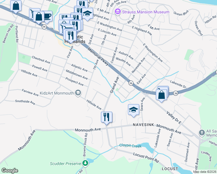 map of restaurants, bars, coffee shops, grocery stores, and more near 163 Grand Avenue in Atlantic Highlands