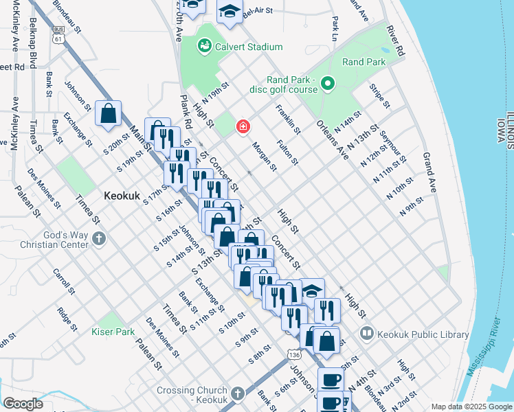 map of restaurants, bars, coffee shops, grocery stores, and more near 1312 High Street in Keokuk