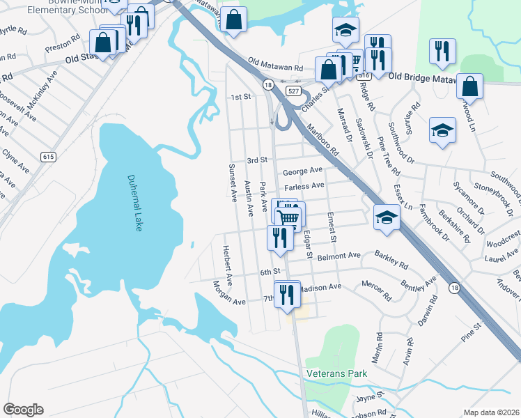 map of restaurants, bars, coffee shops, grocery stores, and more near 213 Park Avenue in Old Bridge