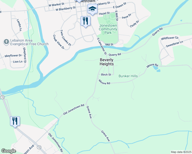 map of restaurants, bars, coffee shops, grocery stores, and more near 433 South Lancaster Street in Lebanon