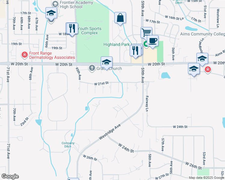 map of restaurants, bars, coffee shops, grocery stores, and more near 2114 62nd Avenue in Greeley