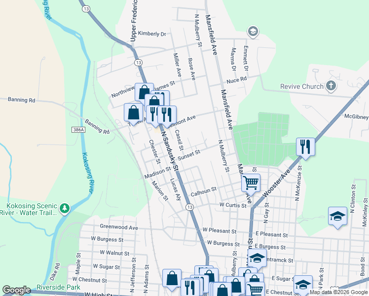 map of restaurants, bars, coffee shops, grocery stores, and more near 106 Cassil Street in Mount Vernon