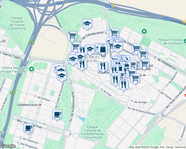 map of restaurants, bars, coffee shops, grocery stores, and more near 2 Calle Cristo de la Guía in Madrid