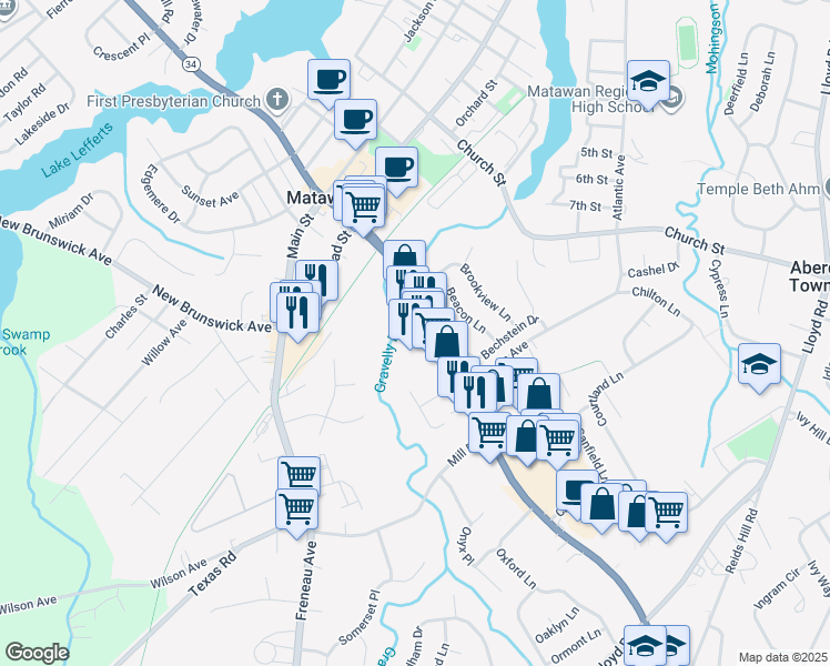 map of restaurants, bars, coffee shops, grocery stores, and more near 1000 Highway 34 in Matawan
