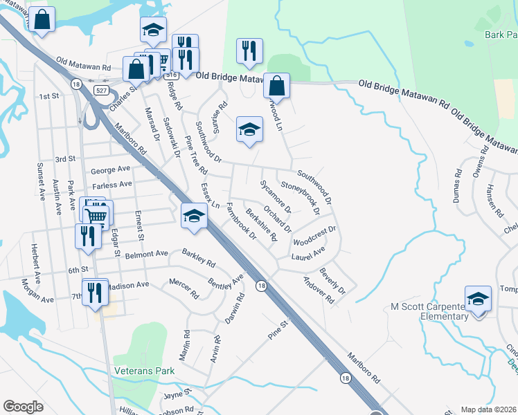 map of restaurants, bars, coffee shops, grocery stores, and more near 15 Orchard Drive in Old Bridge