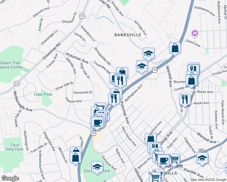 map of restaurants, bars, coffee shops, grocery stores, and more near 2222 Potomac Avenue in Pittsburgh