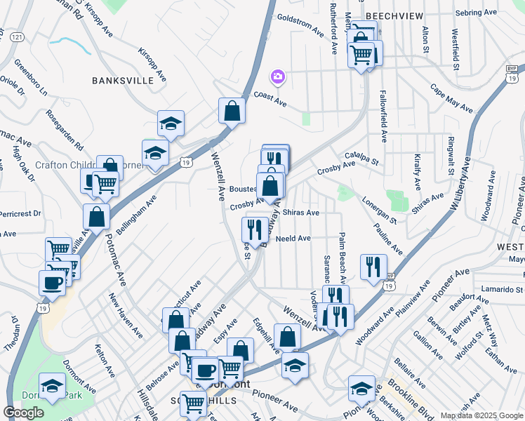 map of restaurants, bars, coffee shops, grocery stores, and more near 2732 Shiras Ave in Pittsburgh