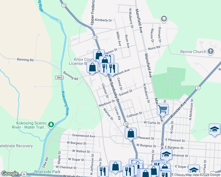 map of restaurants, bars, coffee shops, grocery stores, and more near 647 North Sandusky Street in Mount Vernon
