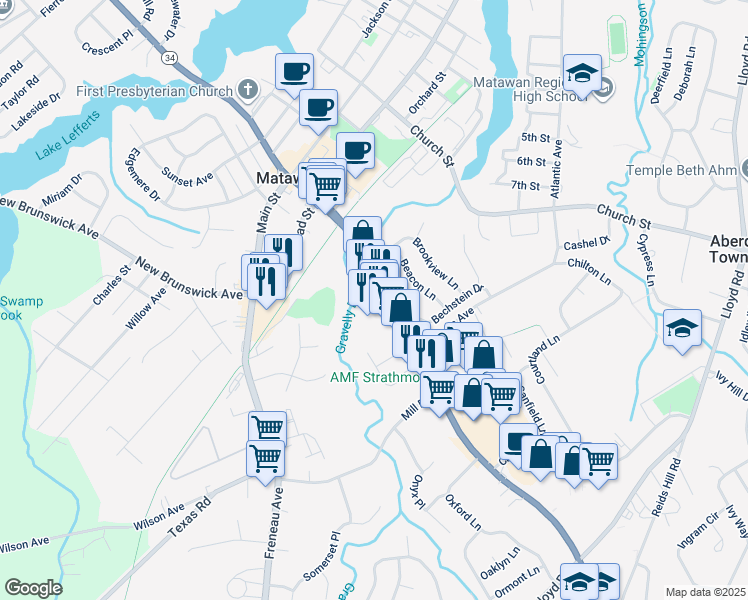 map of restaurants, bars, coffee shops, grocery stores, and more near 1000 Highway 34 in Matawan