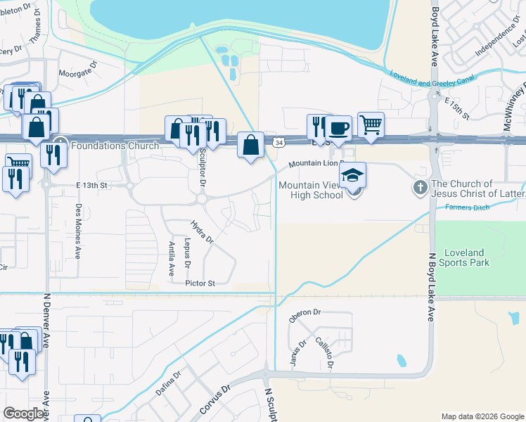 map of restaurants, bars, coffee shops, grocery stores, and more near 3060 Mountain Lion Drive in Loveland